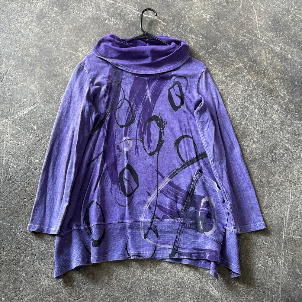 Jess & Jane Oversized Cowl Neck Sweater Womens S Purple Tunic Calligraphy Loose